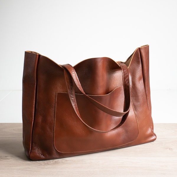 COGNAC BROWN OVERSIZE Shopper Bag, Cognac Leather Shopper, Large Tote Bag, Shopping Bag, Xxl Handbag, Leather Handbag, External Pocket