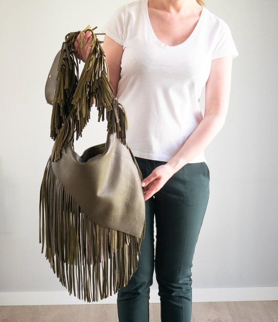 Bohemian Olive Green Leather Bag With Long Fringes, Handmade  display picture 1