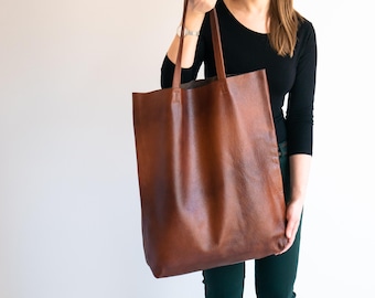 Large Shopper Tote 21" X 20" Very Large Shopper Bag, Large Weekender Bag, Shoulder Leather Bag, COGNAC BROWN Leather Shopper Bag, Tall Tote