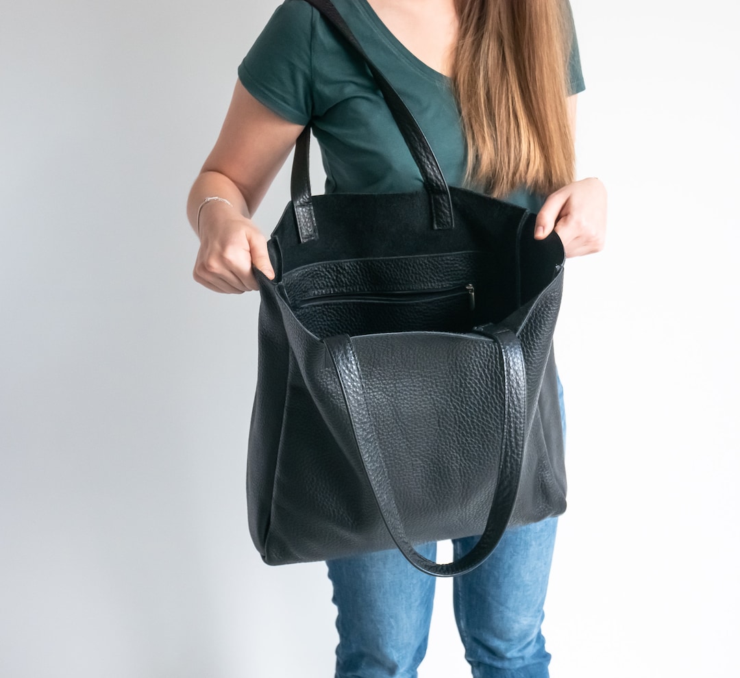 LARGE Black Shoulder Bag, Black Leather Shopper Bag, Shopping Bag, Bag ...