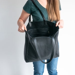 LARGE Black Shoulder Bag, Black Leather Shopper Bag, Shopping Bag, Bag for Work, Everyday Tote, Laptop Bag, Leather Purse, Big Tote Bag