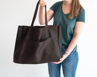 Chocolate BROWN OVERSIZE SHOPPER Bag, Dark Brown Leather Shopper, Large Tote Bag, Xxl Handbag, Everyday Tote, Leather Handbag with Pocket