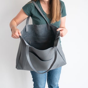 Bolso shopper extragrande gris, bolso shopper de piel gris oscuro, bolso tote grande, bolso de compras, bolso de mano XXL para uso diario, bolso de piel, bolsillo exterior