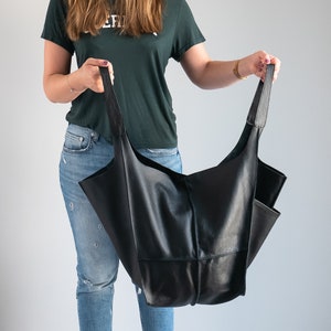 BLACK Shoulder bag, Weekender Oversized bag, Slouchy Tote, Soft Leather Bag, Everyday Bag, Women leather bag, Black Handbag for Women image 5