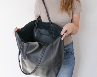 Zwarte OVERSIZE SHOPPER-tas - grote leren draagtas - reistas - boodschappentas - extra grote draagtas - portemonnee, zwarte grote schoudertas