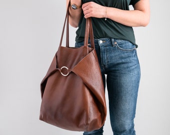 Cognac Brown OVERSIZE SHOPPER Bag - Large Leather Tote Bag - Big Shoulder Bag - Travel Bag - Shopping Bag, Oversized Tote, Everyday Purse