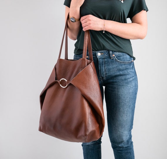COGNAC BROWN OVERSIZE Shopper Bag Large Tote Bag Leather 