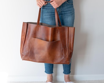 Cognac Brown OVERSIZE SHOPPER Bag, Leather Shopper, Large Tote Bag, Shopping Bag, Xxl Handbag, Everyday Tote Leather Handbag Front Pocket