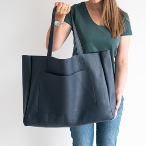 Navy OVERSIZE SHOPPER Bag, DARK Blue Leather Shopper, Large Tote Bag, Shopping Bag, Everyday Handbag, Leather Handbag, External Pocket