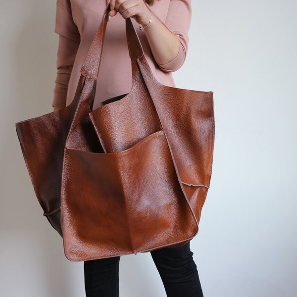 COGNAC LEATHER TOTE bag, Cognac Brown Handbag for Women, Everyday Bag, Slouchy Tote, Women leather bag, Weekender Oversized Bag