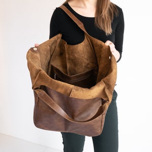 BROWN LEATHER TOTE Bag, Weekender Oversized bag, Large Cognac Brown Handbag for Women, Everyday Bag, Distressed Tote, Big Leather Bag