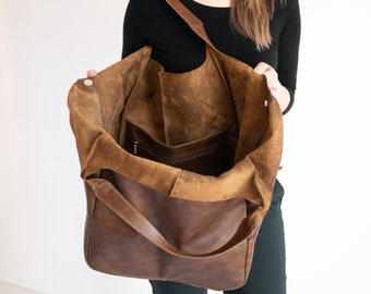 Braune Leder Tragetasche, Weekender Oversized Tasche, große Cognac-braune Handtasche für Frauen, Alltagstasche, Distressed Tote, große Ledertasche