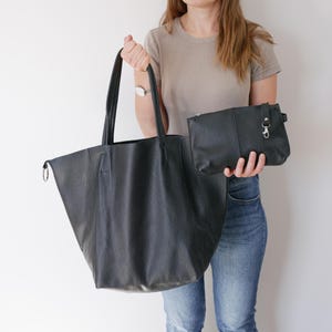 Oversized Black Leather Shopper Bag, Large Tote for Everyday Use, Shoulder Bag, Big Shopping Bag, Travel Bag Cosmetic Pouch, Simple Tote