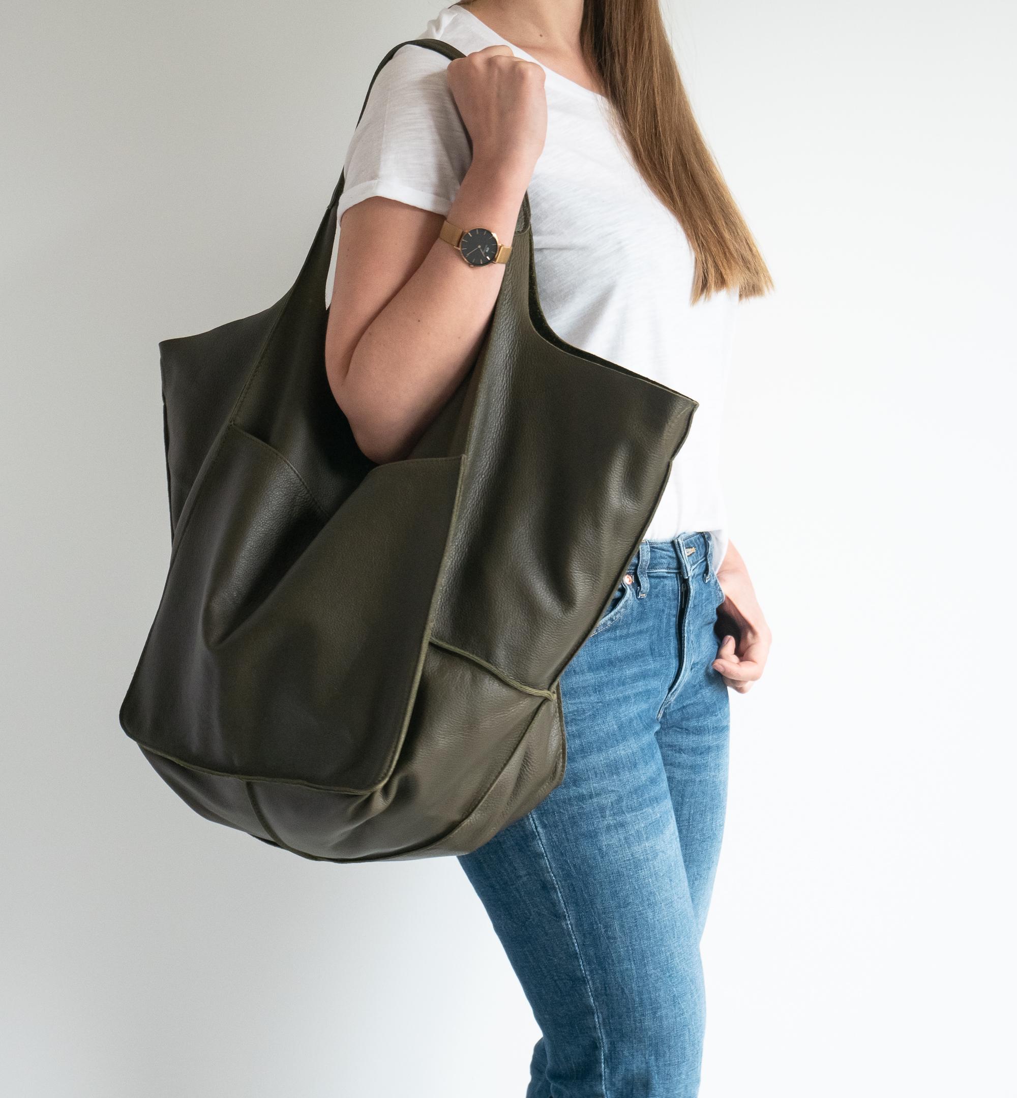 ★LOTSYOU★ lotsyou_Barbie Hobo Bag Olive Dark Olive Green SHOULDER HOBO BAG, Oversize Leather Bag