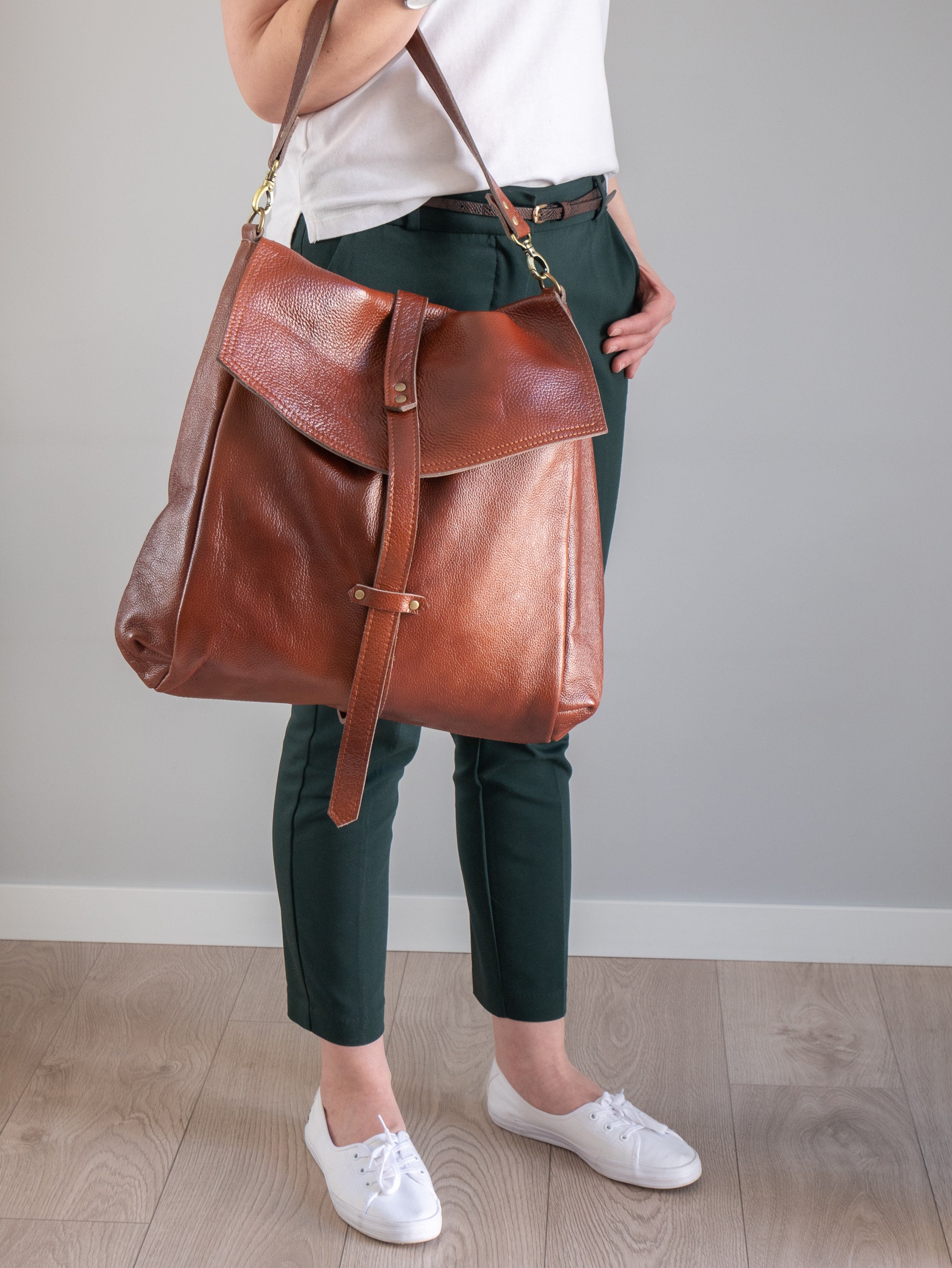 Convertible Backpack Purse, Big Cognac Brown Bag, Leather  display picture 2