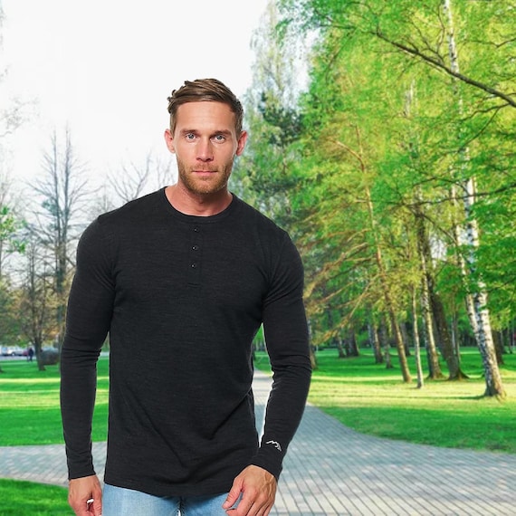 Mens long sleeve shirts: Organic Merino Wool Henley Shirt, eco-friendly tshirt for men, Lite Base Layer, Long Sleeve Henley T-Shirt for Men
