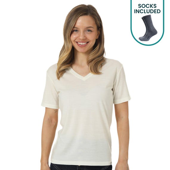 Womens base layer Merino Wool T-Shirt, female V-neck t-shirt ladies, merino wool thermal underwear, ladies gym wear merino wool tshirt