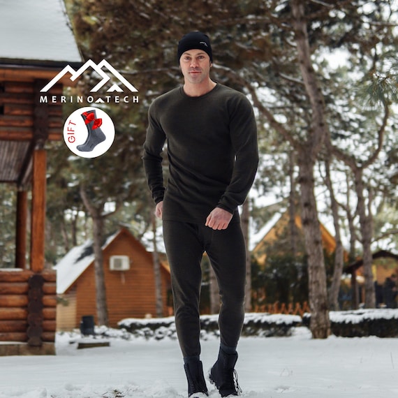 Base Layer Set for Men - Merino Wool Pants + Sweatshirt, Thermal Warm Winter Essential, Outdoor Gear & Sportswear, Organic Wool Loungewear