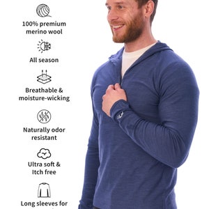 Men's Quarter 1/4 Zip Sweatshirt, Quarter Zip Pullover Sweater, Merino Wool Hoodie 190gsm, Man Hooded Top, Outdoor Men's Long Sleeve Hoodie image 6