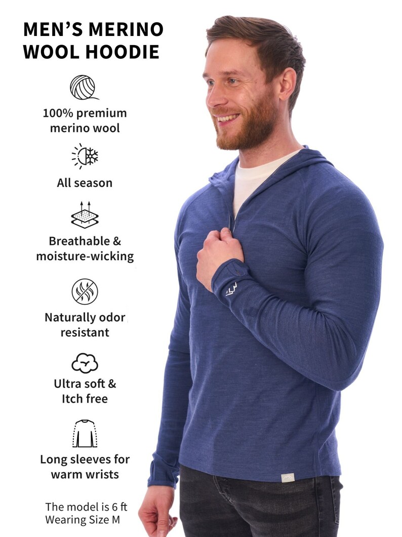 Men's Quarter 1/4 Zip Sweatshirt, Quarter Zip Pullover Sweater, Merino Wool Hoodie 190gsm, Man Hooded Top, Outdoor Men's Long Sleeve Hoodie image 6