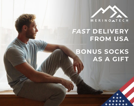 Men's Pants: Merino Wool Lightweight Pants + Hiking Socks, Thermal Underwear Base Layer, Organic Wool Training Leggings for Men