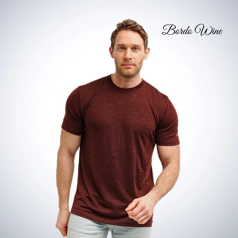 Merino wool shirt: merino base layer thermal shirts, mens running gear, wool t-shirt, gymwear men, mens hiking clothes, thermal underwear Bordo Wine