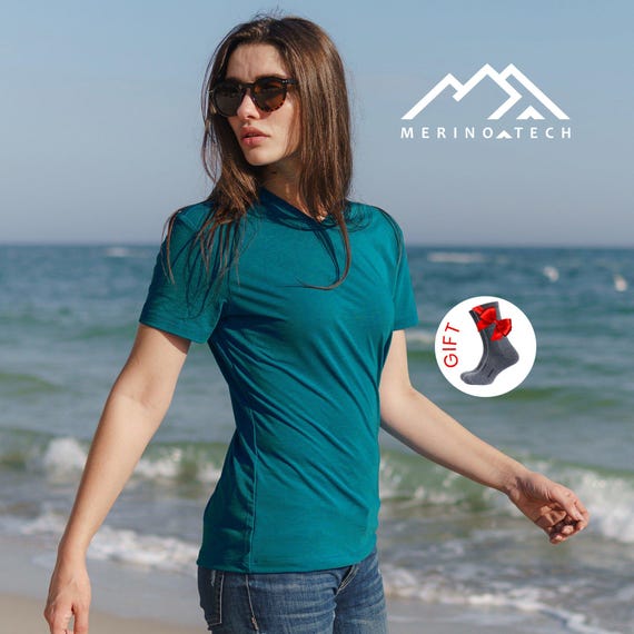 Merino Wool T-Shirt Women, female V-neck tshirt ladies active wear women base layer merino hiking clothes women, merino wool tshirt