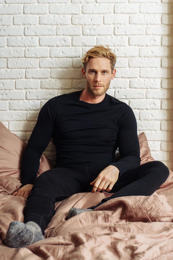 Merino Wool Base Layer Mens Set, Lite Thermal Underwear For Men: Long Sleeve Shirt & Leggings, Organic Loungewear, Lightweight 165 gsm