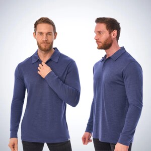 Merino wool shirt for men, casual polo shirts, long sleeve polo, thermal underwear, undershirt Grey Blue
