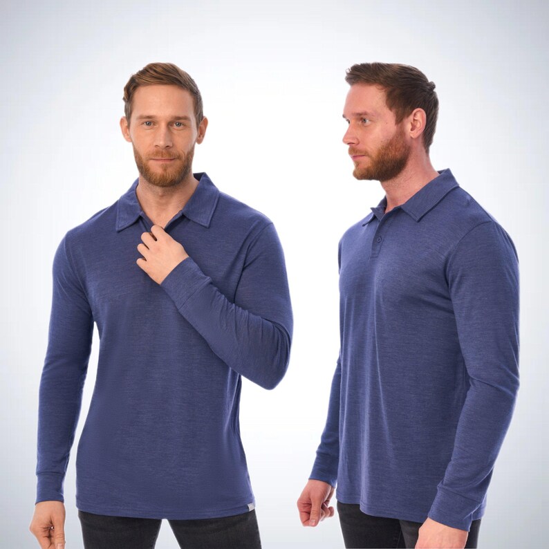 Merino wool shirt for men, casual polo shirts, long sleeve polo, thermal underwear, undershirt Grey Blue