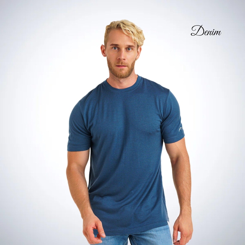 Merino wool shirt: merino base layer thermal shirts, mens running gear, wool t-shirt, gymwear men, mens hiking clothes, thermal underwear Denim