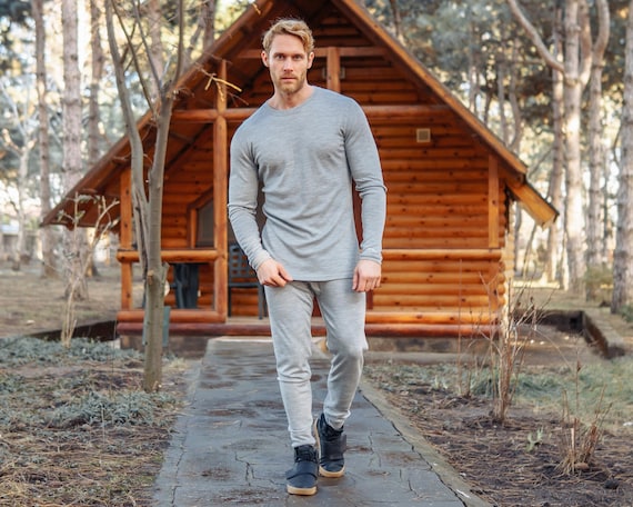Merino Wool Long Sleeve Shirt | Men's 100% Organic Thermal Underwear & Cozy Lounge Wear | Soft Base Layer | Premium Merino Midweight 250 gsm