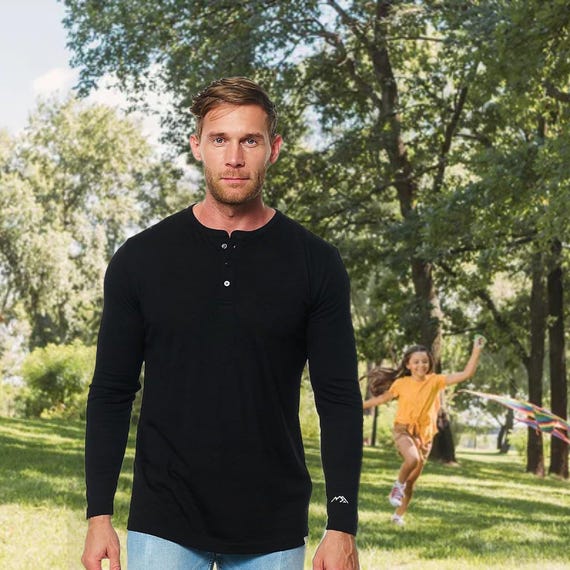 Mens Henley Shirts: Organic Merino Wool Shirt, Eco long sleeve tshirt, Lite Base Layer, Sustainable Long Sleeve Henley T-Shirt for Men