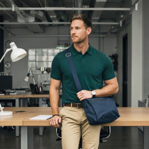 May include: A man in a dark green polo shirt and khaki pants stands near a wooden desk, holding a navy blue messenger bag with a matching strap. He wears a watch and a brown belt. The background is an office setting.