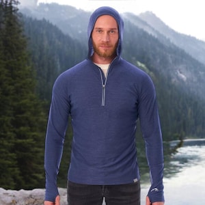 Men's Quarter 1/4 Zip Sweatshirt, Quarter Zip Pullover Sweater, Merino Wool Hoodie 190gsm, Man Hooded Top, Outdoor Men's Long Sleeve Hoodie image 1