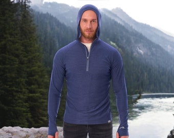 Men's Quarter 1/4 Zip Sweatshirt, Quarter Zip Pullover Sweater, Merino Wool Hoodie  190gsm, Man Hooded Top, Outdoor Men's Long Sleeve Hoodie