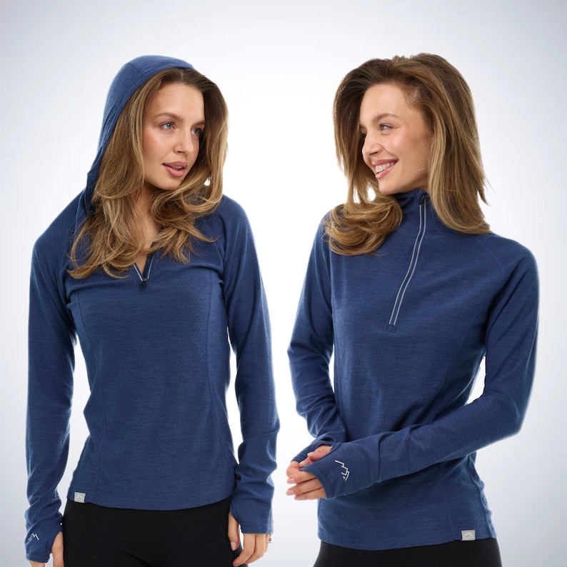 Merino wool hoodie base layer thermal shirts, zipper hoodie, lightweight hoodie, runner gear, gymwear Windsor Blue
