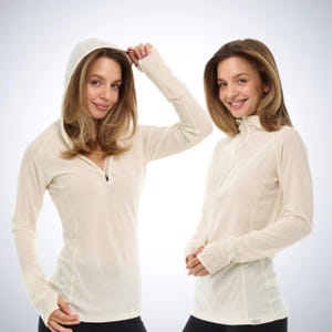 Merino wool thermal long sleeve half zip hoodie ladies gym wear, plain hoodie, hiking clothes ladies running gear, half zip sweatshirt Off White
