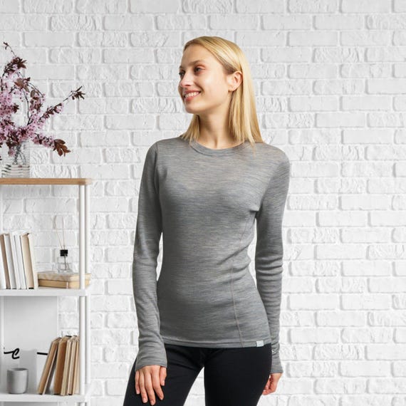 Merino wool shirt thermal long sleeve gymwear women, ladies running gear, base layer undershirt