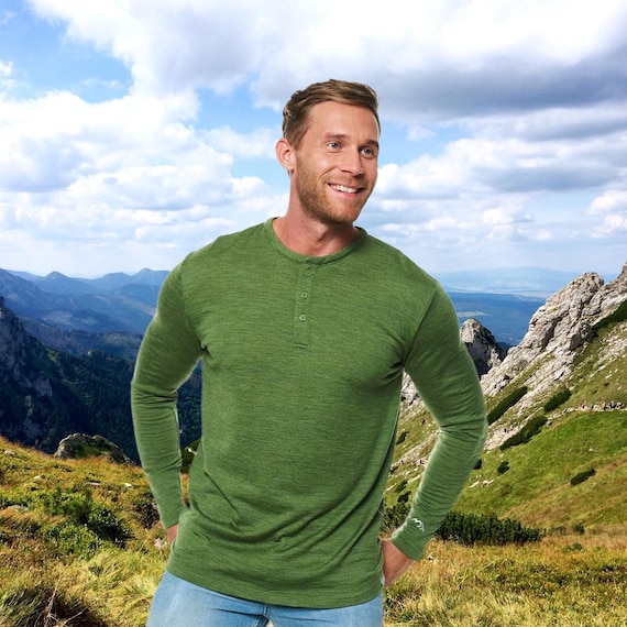 Mens Henley Shirt: Organic Merino Wool Henley Long Sleeve T-Shirt, Lite Base Layer Thermal Underwear, Sustainable Clothing Merino Shirts men