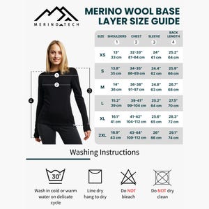 May include: A woman wearing a black long-sleeve shirt is featured next to a size guide for merino wool base layers. The guide includes measurements for shoulders, chest, sleeve, and back length in inches and centimeters. Washing instructions are also provided.