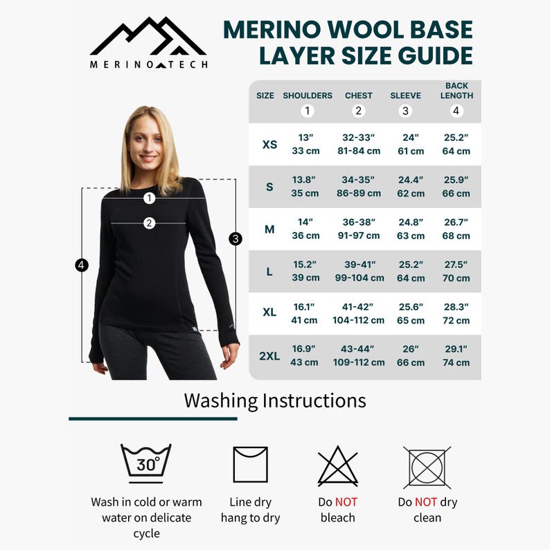 May include: A woman wearing a black long-sleeve shirt is featured next to a size guide for merino wool base layers. The guide includes measurements for shoulders, chest, sleeve, and back length in inches and centimeters. Washing instructions are also provided.