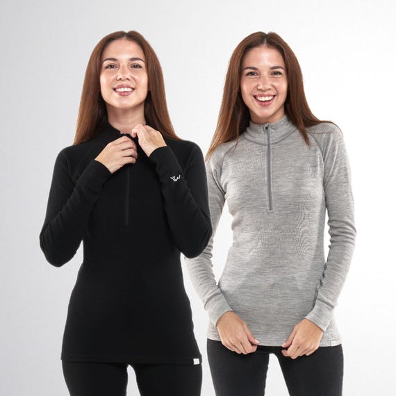 Thermal Long Sleeve Shirt & Wool Socks Set | Half Zip Base Layer Top Women, Organic Merino Wool Activewear, Warm Sweater, Womens Activewear