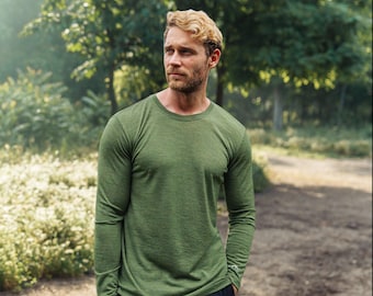 Mens base layer merino wool shirt, merino wool thermal long sleeve sweatshirt, hiking clothes