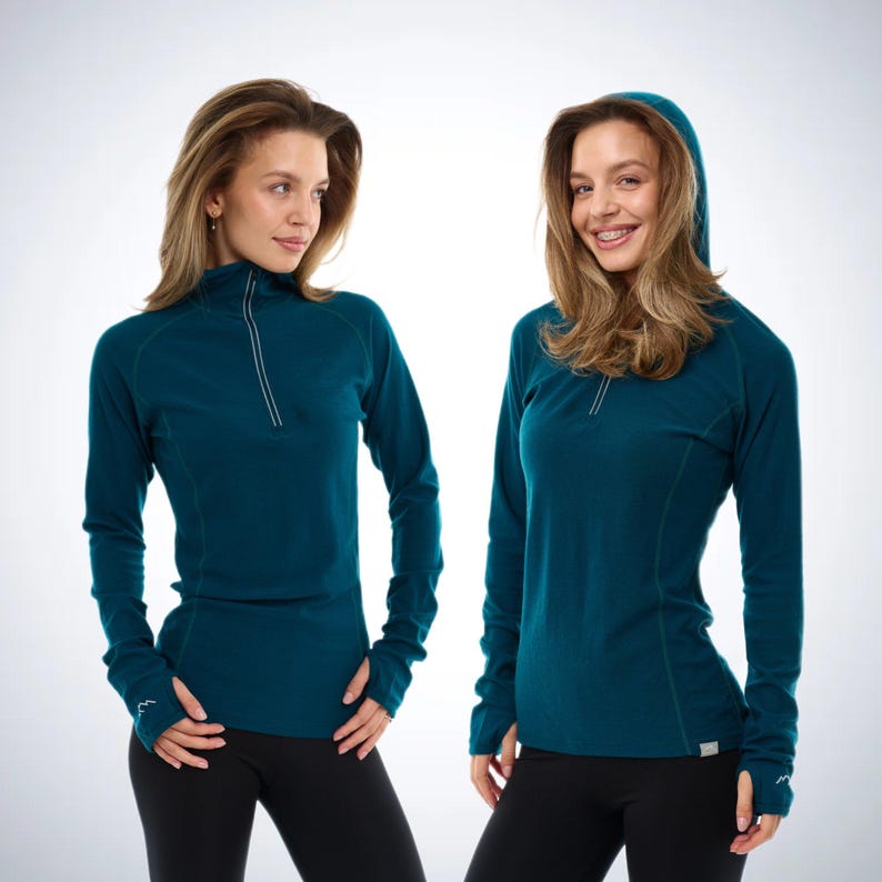 Merino wool thermal long sleeve half zip hoodie ladies gym wear, plain hoodie, hiking clothes ladies running gear, half zip sweatshirt Deep Teal