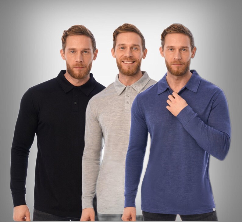 Merino wool shirt for men, casual polo shirts, long sleeve polo, thermal underwear, undershirt image 20