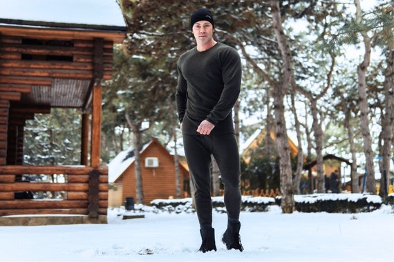 Base Layer Set for Men - Merino Wool Pants + Sweatshirt, Thermal Warm Winter Essential, Outdoor Gear & Sportswear, Organic Wool Loungewear