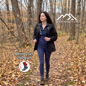 May include: A navy blue long-sleeve base layer top and matching leggings set, labeled Merino Set 250 gsm, featuring a black jacket, a hydration pack, and a graphic of gray socks with red accents, with the text MERINO TECH visible.