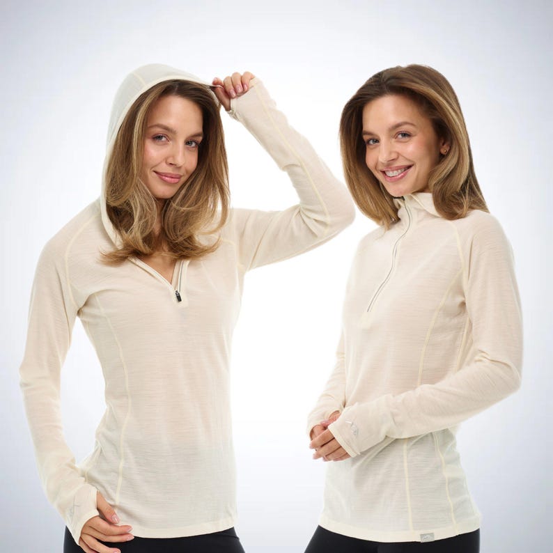 Merino wool hoodie base layer thermal shirts, zipper hoodie, lightweight hoodie, runner gear, gymwear Off White