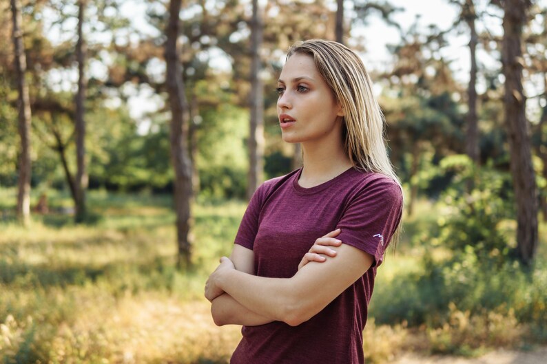 Merino t-shirt: womens base layer merino wool shirt, gymwear, runner gear, hiking clothes Burgundy